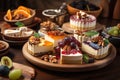 platter of cheesecake slices, served with variety of fruit and nut toppings