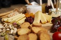 Platter of cheeses, fruit, jams Royalty Free Stock Photo