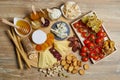 Platter of cheeses, fruit, jams Royalty Free Stock Photo