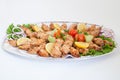 Platter with chicken shish kebab with vegetables