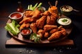 A platter of chicken wings and dipping sauces
