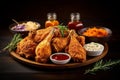 A platter of chicken wings, mashed potatoes, carrots and sauces