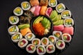 platter of colorful and freshly made vegan sushi rolls