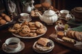 platter of cookies and biscotti surrounded by tea cups and teapots for afternoon tea