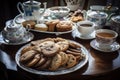 platter of cookies and biscotti surrounded by tea cups and teapots for afternoon tea