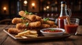 Golden Fried Mozzarella Sticks Stacked High with French Fries and Ketchup Dip on Wooden Tray Royalty Free Stock Photo