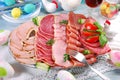 Platter of cured meat, ham and salami on eater table Royalty Free Stock Photo