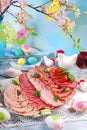 Platter of cured meat,ham and salami on eater table Royalty Free Stock Photo