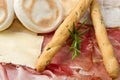 Platter of cured meats, cheeses and fried dumpling Royalty Free Stock Photo