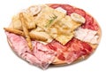 Platter of cured meats, cheeses and fried dumpling Royalty Free Stock Photo