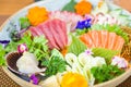 Platter decorated with different flavors of elegant sushi