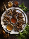 A platter of deepfried grasshoppers surrounded by dipping sauces. AI generation