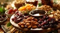 A platter of dried fruit and nuts as a starter served with artisanal crackers and y dips Royalty Free Stock Photo