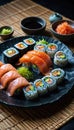Platter filled with gourmet sushi rolls with different fresh seafood ingredients Royalty Free Stock Photo