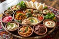 Platter Filled With a Variety of Foods, A beautifully arranged Arabian mezze platter with various dips and sides, AI Generated Royalty Free Stock Photo