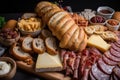 platter of freshly baked rolls, cheese, and charcuterie for a party appetizer Royalty Free Stock Photo