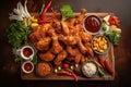 A platter of fried chicken with dipping sauces and condiments
