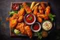 A platter of fried chicken and dipping sauces