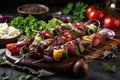 platter of grilled beef shishkabob, surrounded by assortment of fresh and flavorful toppings