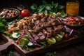 platter of grilled beef shishkabob, surrounded by assortment of fresh and flavorful toppings