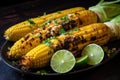 platter of grilled corn, topped with tangy and zesty lime juice