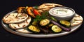 A platter of grilled vegetables with hummus and pita brea generative AI