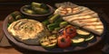 A platter of grilled vegetables with hummus and pita brea three generative AI