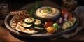 A platter of grilled vegetables with hummus and pita brea two generative AI