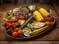 A platter of grilled vegetables on a wooden table. AI generative image