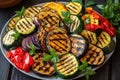 A platter of grilled zucchini, eggplant, and bell peppers. The vegetables should be sliced and arranged in a colorful pattern.