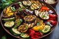 A platter of grilled zucchini, eggplant, and bell peppers. The vegetables should be sliced and arranged in a colorful pattern.