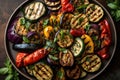 A platter of grilled zucchini, eggplant, and bell peppers. The vegetables should be sliced and arranged in a colorful pattern.