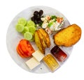 Turkish halal breakfast with baked potato, cheese, toast, egg, vegetables, olives, sauces Royalty Free Stock Photo