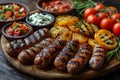 Grilled Sausages With Tomatoes and Vegetables Generative AI Royalty Free Stock Photo