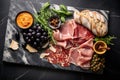 Platter of Meats and Cheeses on a Marble Platter, Top view of a black marble cutting board with olives in bowls, breadsticks,