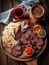 A platter of meats, crackers, and sauces on a wooden table. AI generative image