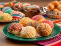 A platter of Mexican conchas, sweet bread rolls with a crunchy sugar topping. Generative AI