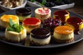 platter of mini cheesecakes in various flavors and colors