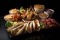 platter of mixed international fast food including kebab, sushi, and tacos