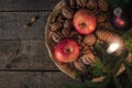 Platter with nuts and apples with Xmas decor Royalty Free Stock Photo