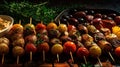 a platter of potatoes and tomatoes with skewers