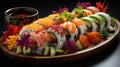 A Platter of Refreshing and Colorful Sushi Rolls with a Variety of Fillings and Garnishes on Blurred Background