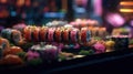 A Platter of Refreshing and Colorful Sushi Rolls with a Variety of Fillings and Garnishes on Blurred Background