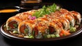 A Platter of Refreshing and Colorful Sushi Rolls with a Variety of Fillings and Garnishes on Blurred Background