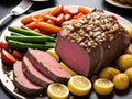 A platter of roast beef, carrots, potatoes, and other vegetables. Royalty Free Stock Photo