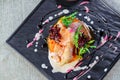 Platter: salmon steak with grilled vegetables and tender bread Royalty Free Stock Photo