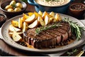 A platter of sizzling grilled steak garnished with rosemary sprigs, situated next to a heap of golden goodness
