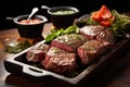 platter of sizzling steaks with herbs and condiments