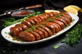 platter of sizzling vegan bbq sausages with fresh herbs