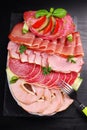 Platter of sliced ham,salami and cured meat Royalty Free Stock Photo